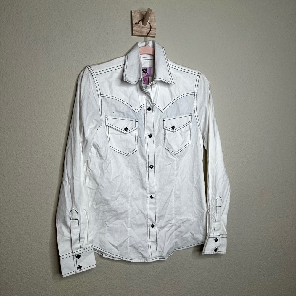 VTG Y2K Wired Heart White Western Snap Shirt Black Contrast Stitch Small‎